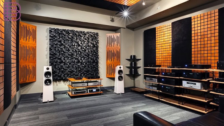 Acoustic room treatment absorbing mid and high frequencies in a listening room