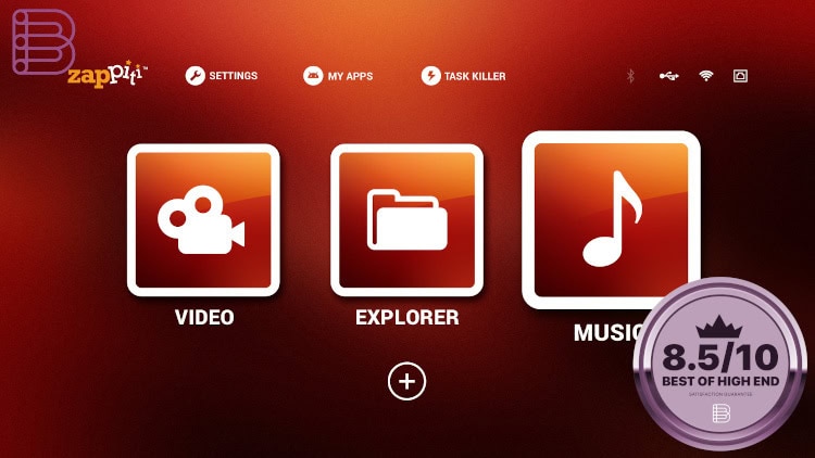 Zappiti Pro 4K HDR home screen with Video, Explorer and Music menus