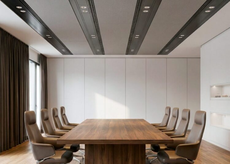 Artnovion Luxor acoustic panel system installed in a boardroom ceiling