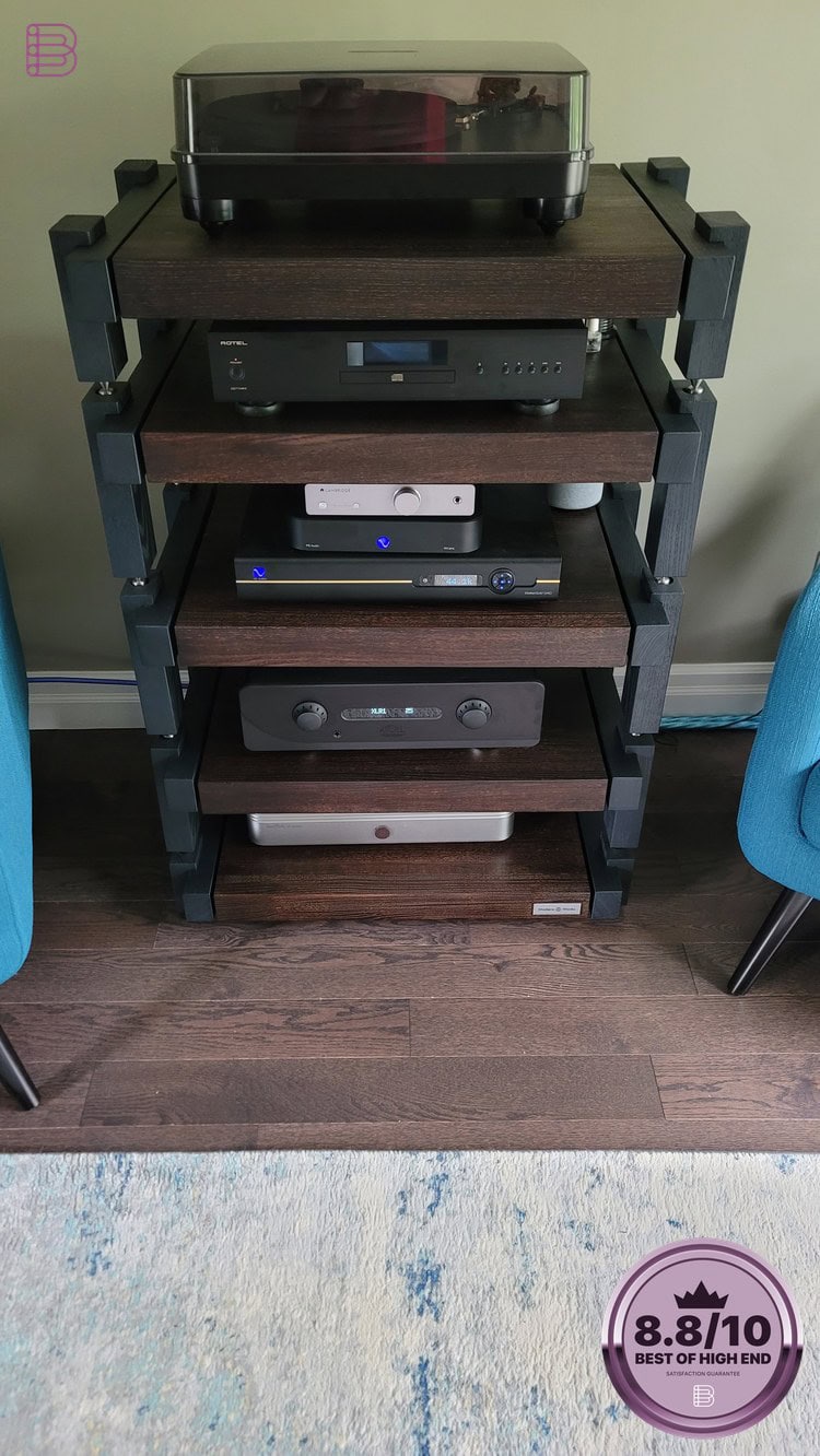 Madera Works Stack Rack loaded with audio equipment in the listening room