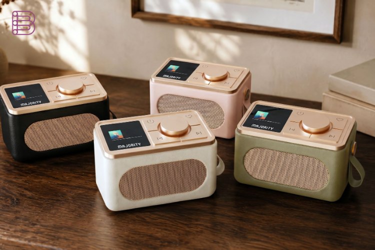 Majority Mini Shelford radio in Dusty Rose, Olive, Black and Cream colours