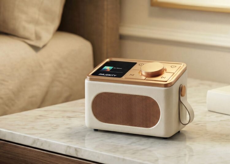 Majority Mini Shelford portable DAB+ FM Bluetooth radio on a bedside table