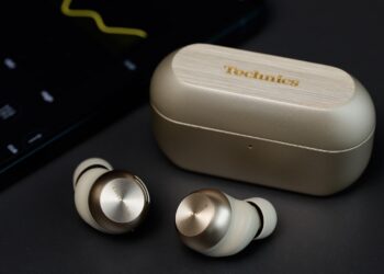 Technics EAH-AZ100 Champagne Gold earbuds and charging case