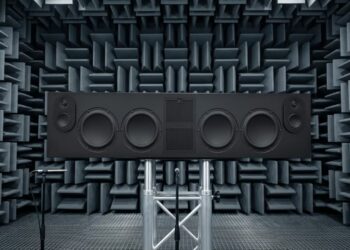 CANVAS HiFi CANVAS L audiophile soundbar undergoing acoustic testing in an anechoic chamber, winner of the EISA Premium Soundbar 2026-2027 award