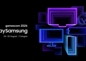 Samsung Gamescom 2026 gaming stand with TVs and displays