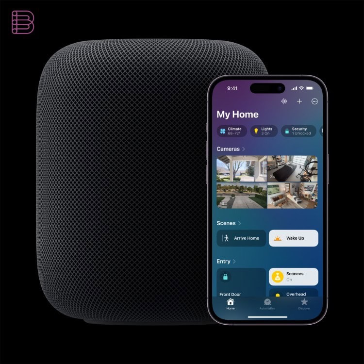 Apple HomePod (2nd generation) next to an iPhone showing the Home app