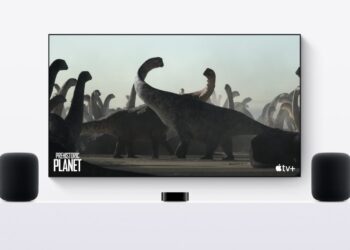 Apple HomePod (2nd generation) speakers flanking a TV showing Apple TV+