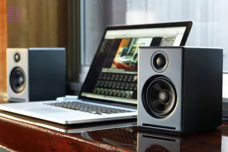 Audioengine A2+ Gen 3 speakers with a laptop on a desk
