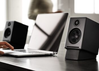 Audioengine A2+ Gen 3 powered desktop speakers on a work desk