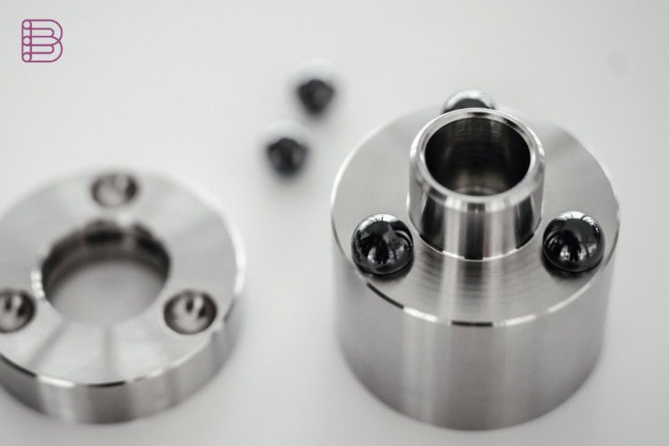 Ceramic ball coupling detail used in the Auer Acoustics Versura V4 speaker feet