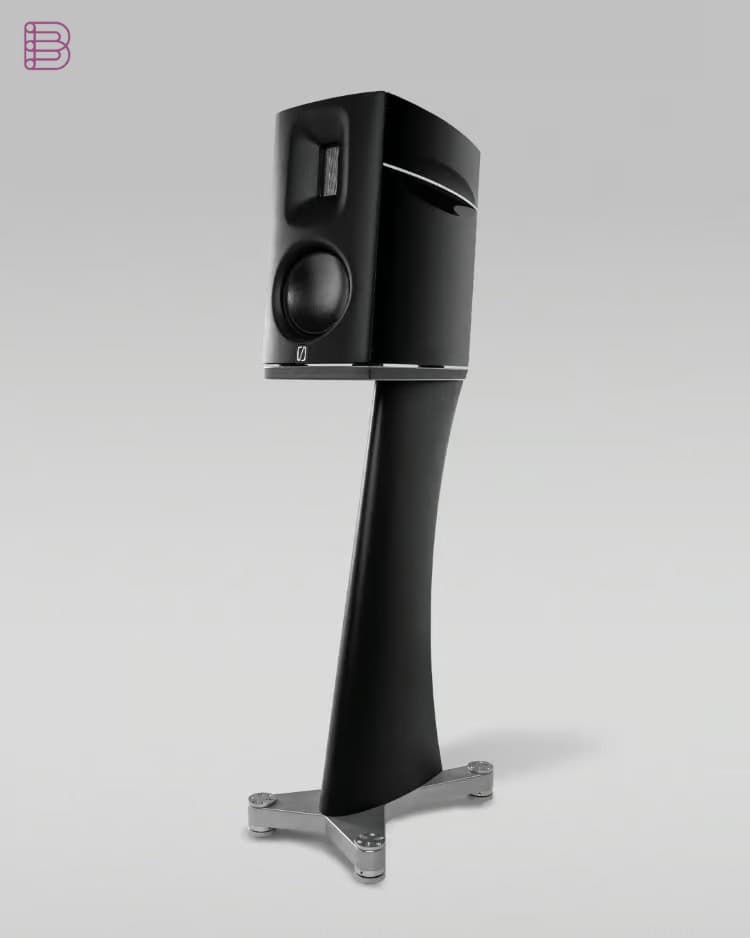 Børresen M1 Gold Signature standmount loudspeaker on its dedicated stand