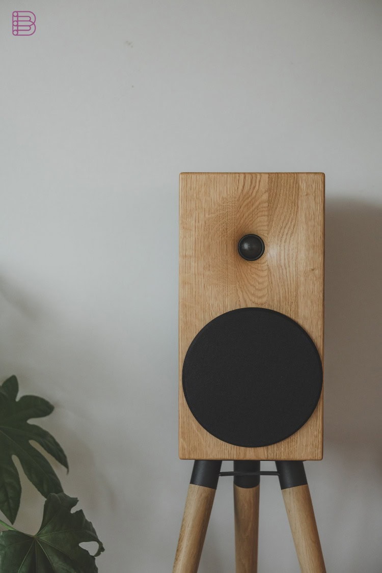 Buchardt E50-S loudspeaker with grille on a tripod stand