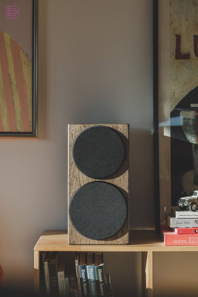 Buchardt E50-S loudspeaker with grille fitted on a wooden shelf