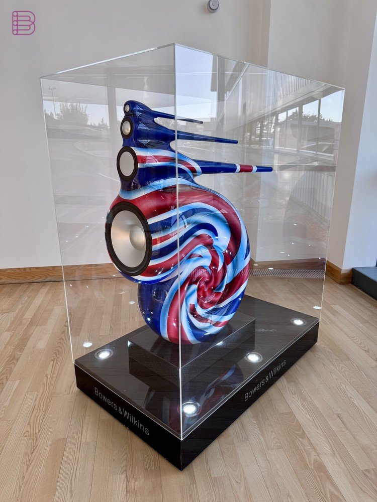 Bowers & Wilkins driver sculpture in a swirling Union Jack livery at the Worthing factory