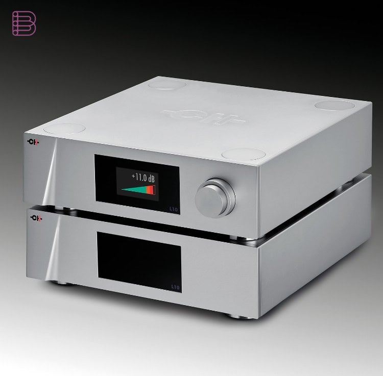 CH Precision L10 Reference Line Preamplifier, high angle view showing the volume display