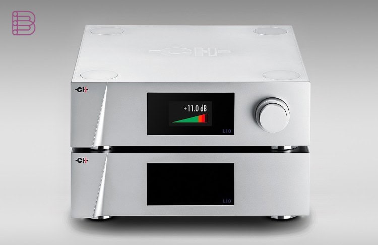CH Precision L10 Reference Line Preamplifier and power supply, front high angle