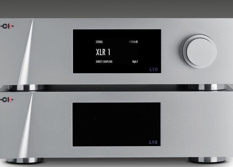 CH Precision L10 Reference Line Preamplifier and power supply, front angle