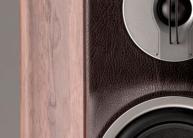 Diapason Didascalìa walnut cabinet and leather baffle with tweeter and mid-woofer detail