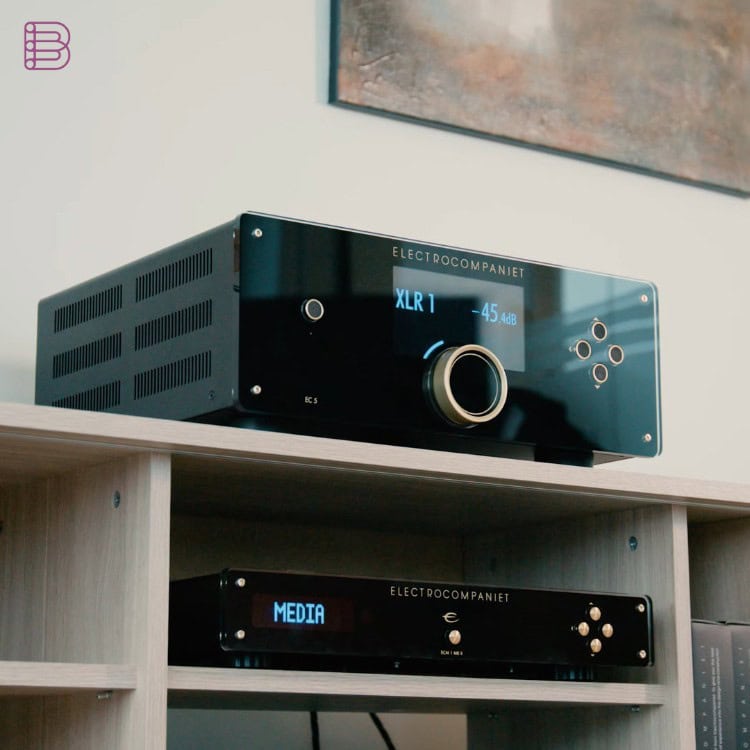 Electrocompaniet EC 5 preamplifier on a shelf above a matching Electrocompaniet media component