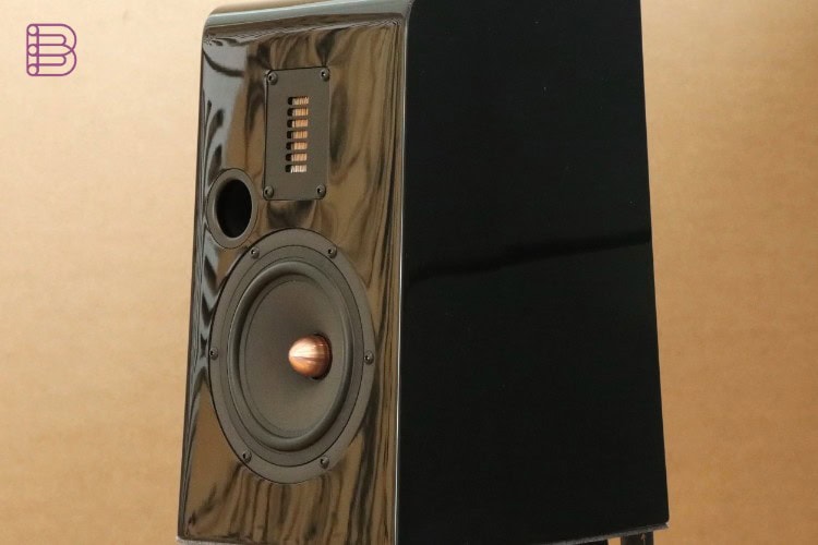 Close-up of the Esprit Audio Stella AMT tweeter and NEXTEL-treated mid-bass driver in gloss black finish