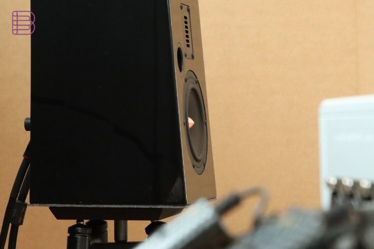 Angled view of the Esprit Audio Stella cabinet showing its non-parallel side walls to reduce standing waves