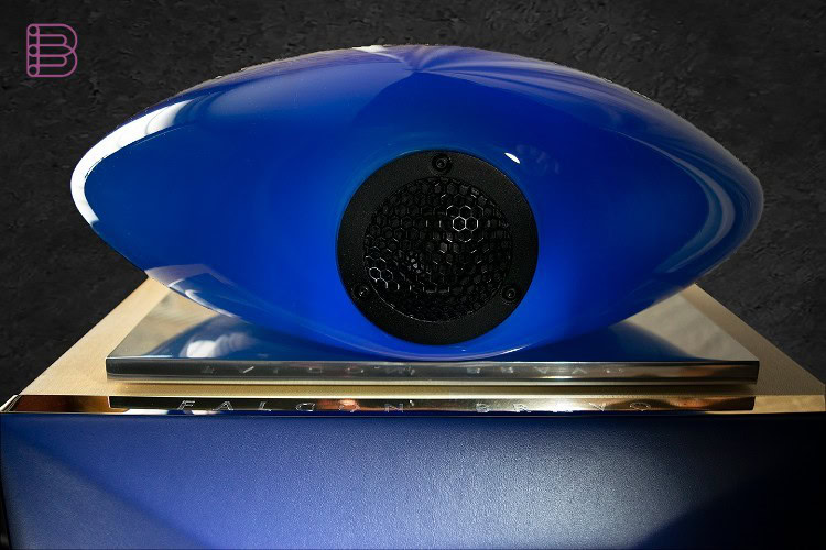 Falcon Bravo The Dome tweeter dome resting on its engraved Falcon Bravo plinth