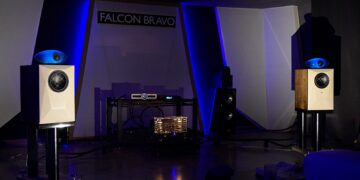 Falcon Bravo The Dome loudspeakers set up in a dramatic showroom installation