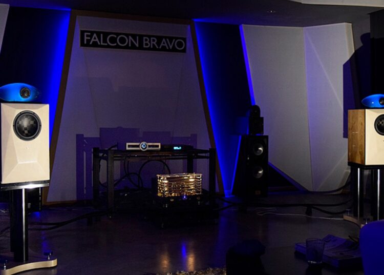 Falcon Bravo The Dome loudspeakers set up in a dramatic showroom installation