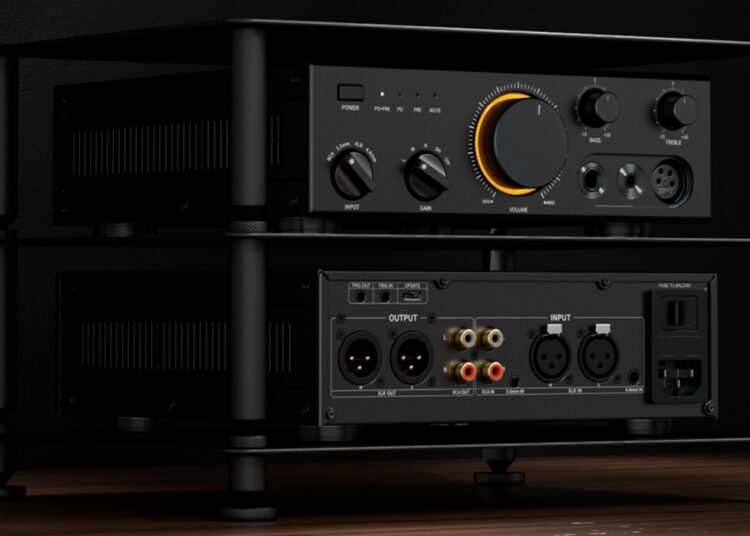 FiiO CLASS A headphone amplifier and preamplifier stacked on a rack