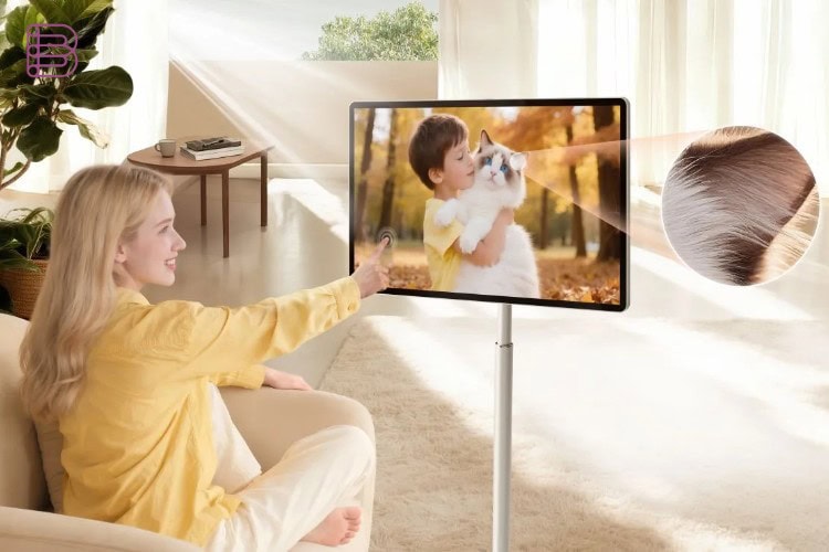 Close-up of the Hisense RoamView 32S6S 32-inch 4K touchscreen showing sharp pixel detail