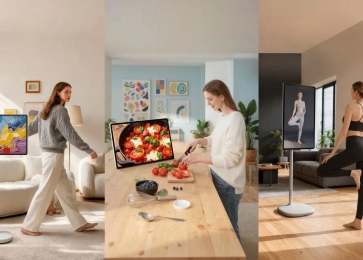 Hisense RoamView 32S6S portable touchscreen display used for art, cooking and fitness in the home