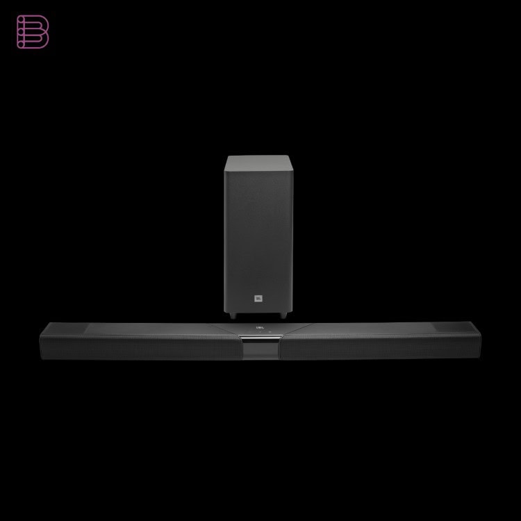 JBL Cinema SB595MK2 soundbar and subwoofer rear angle view