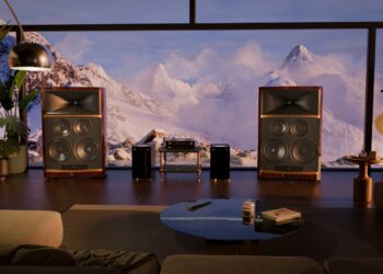 JBL Summit Series loudspeakers set up in a mountain-view listening room
