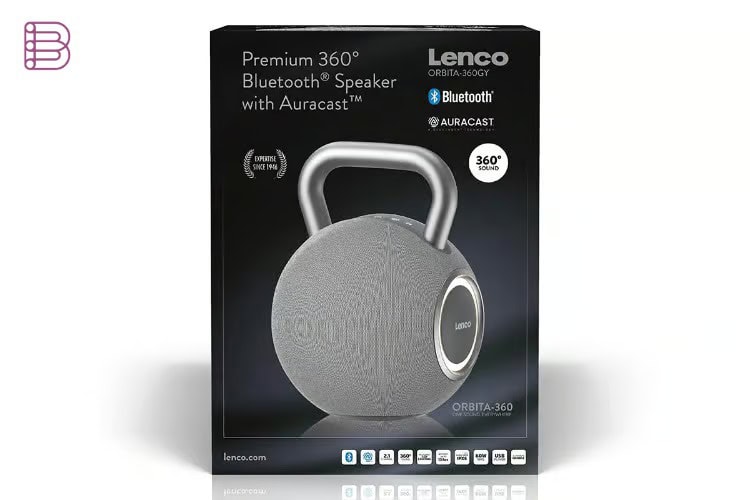 Lenco Orbita 360GY retail box showing Bluetooth and Auracast branding