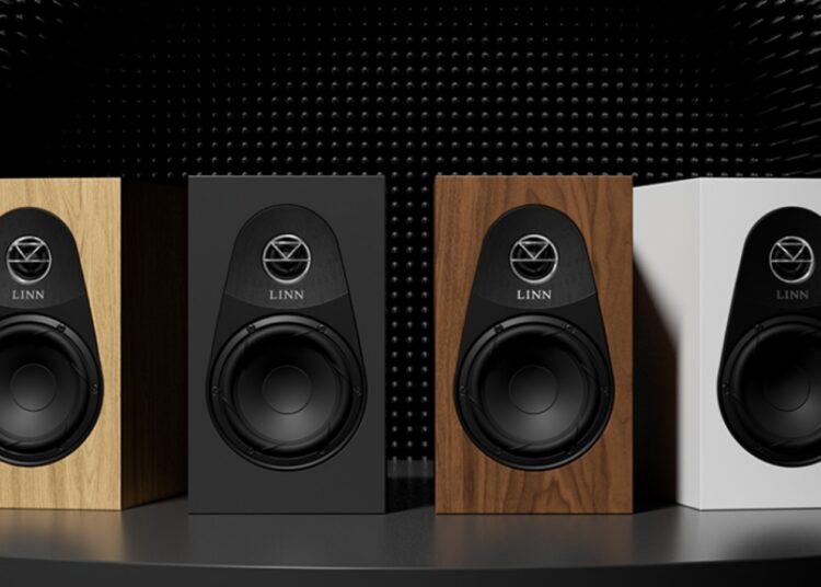 Linn 119 bookshelf loudspeakers shown in oak, black, walnut and white finishes