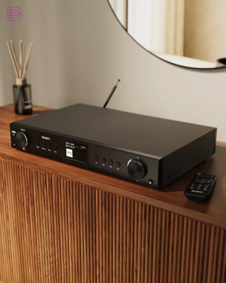 Majority Fitzwilliam AMP streaming amplifier with internet radio display on a wooden sideboard
