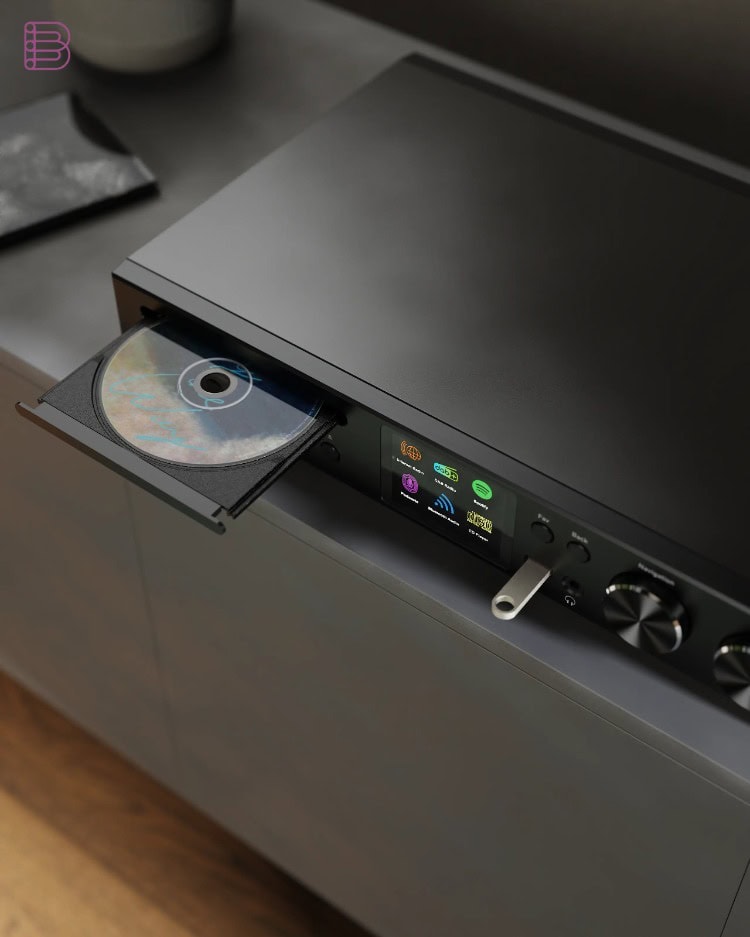 Majority Fitzwilliam CD disc tray open with a USB drive inserted for MP3 playback