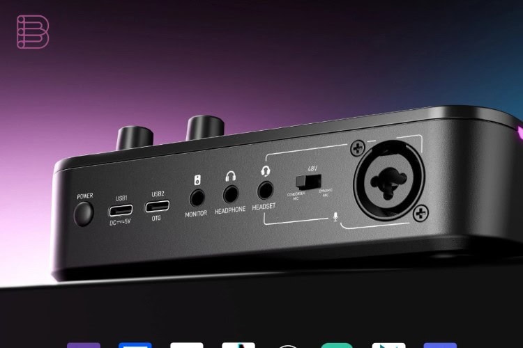 Rear panel of the Maono G3 Audio Mixer showing the XLR microphone input, phantom power switch and dual USB-C ports