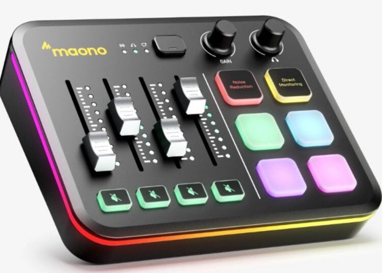 Maono G3 Audio Mixer with four physical faders and RGB lighting