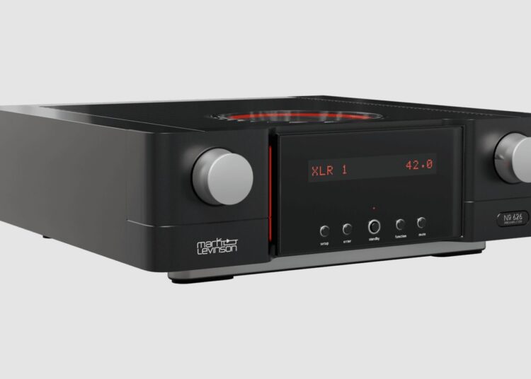 Mark Levinson No626 dual-monaural preamplifier, angled studio shot showing the red glass top panel
