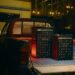 Marshall Bromley party speakers with illuminated grille at night