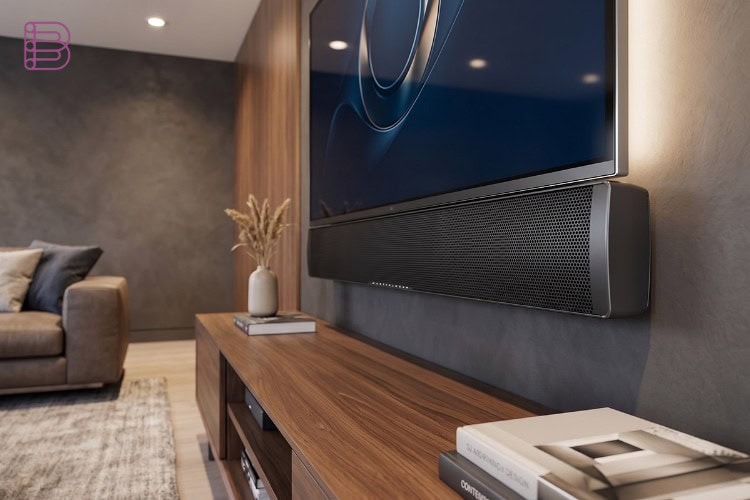 MartinLogan Discrete Cinema Series soundbar mounted below a TV in a living room