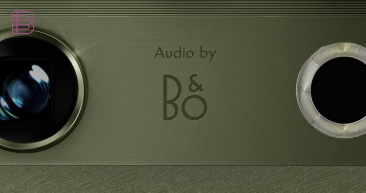 Close-up of the Audio by Bang & Olufsen logo engraved on a Motorola camera module
