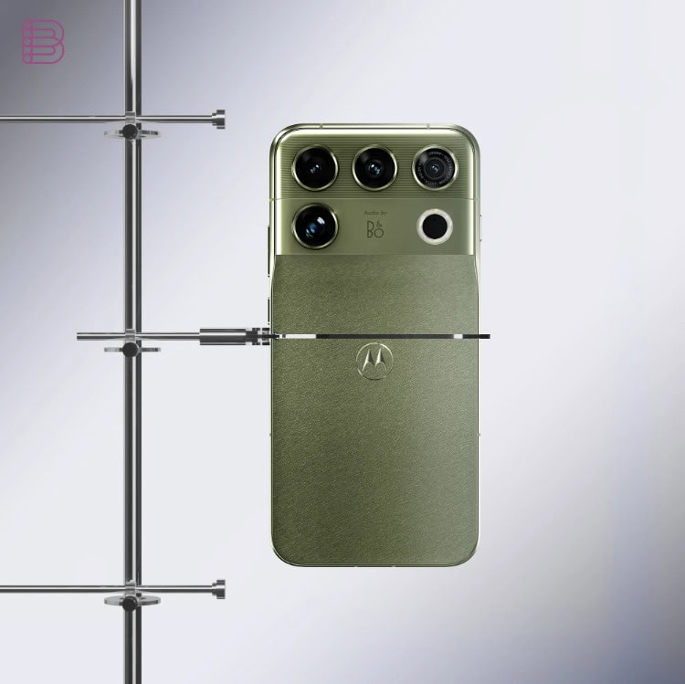 Motorola Bang Olufsen flagship phone in green with Audio by Bang & Olufsen logo