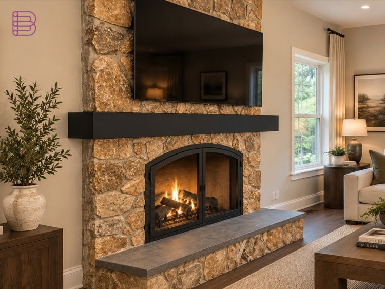 NextLevel Acoustics Mantelbar side view integrated into a stone fireplace