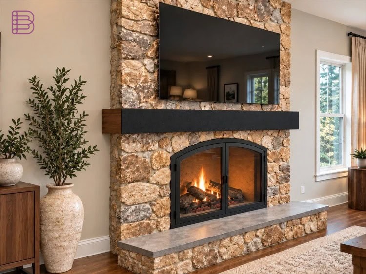 NextLevel Acoustics Mantelbar in a walnut finish above a fireplace