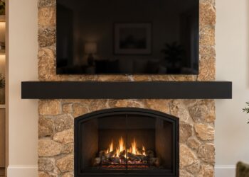 NextLevel Acoustics Mantelbar architectural soundbar built into a stone fireplace mantel