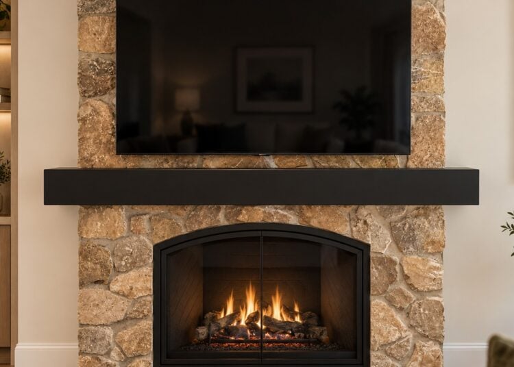 NextLevel Acoustics Mantelbar architectural soundbar built into a stone fireplace mantel