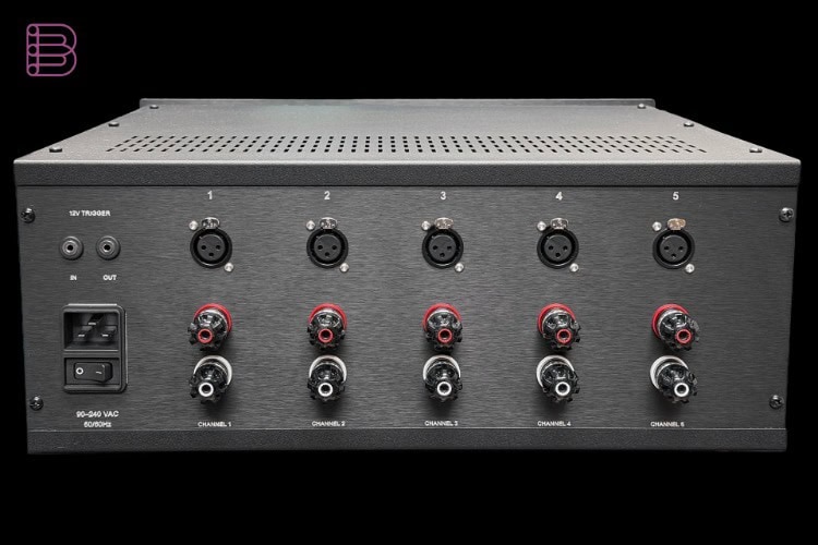 Orchard Audio Starkrimson HT Ultra rear panel with five channels of XLR inputs and binding posts