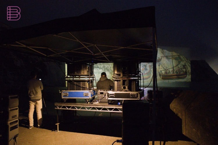 Panasonic PT-RQ35K2 laser projector rig set up under a tent on the White Cliffs of Dover